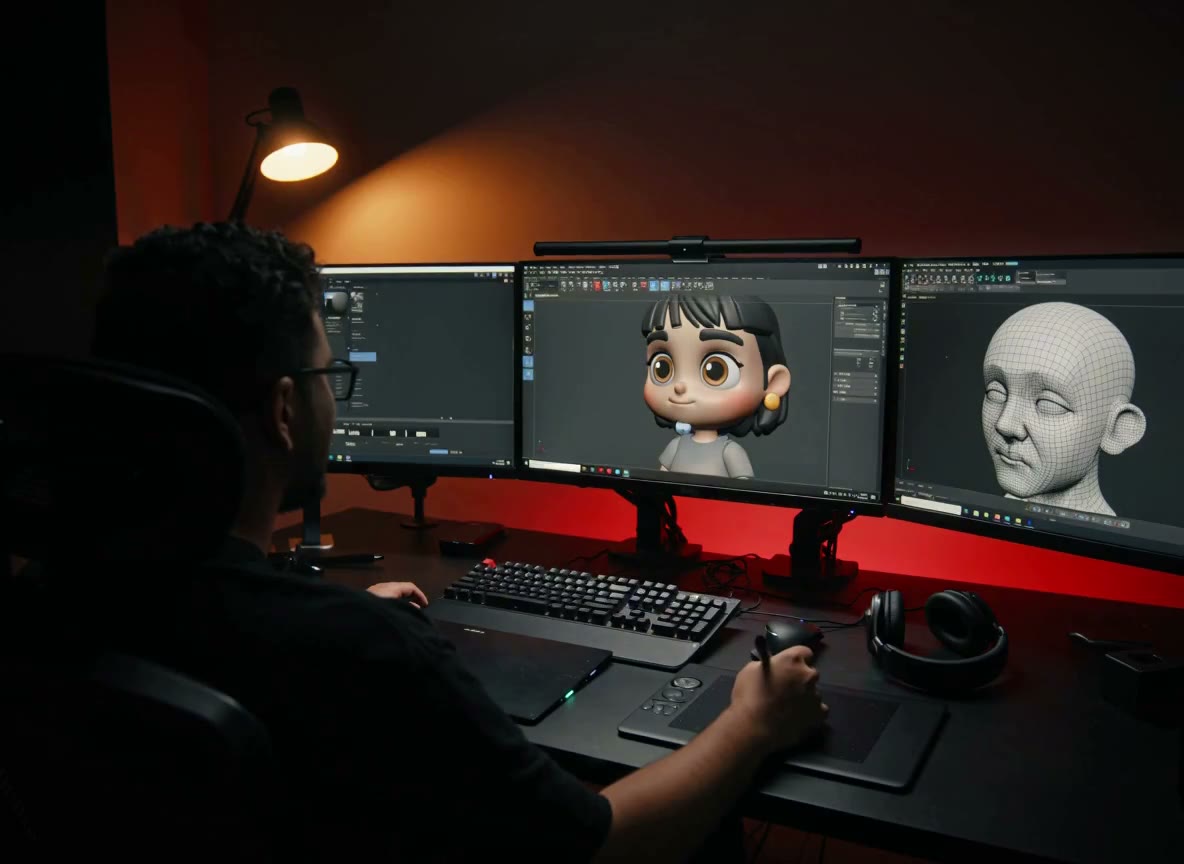 3D artist sculpting a stylized character across three monitors