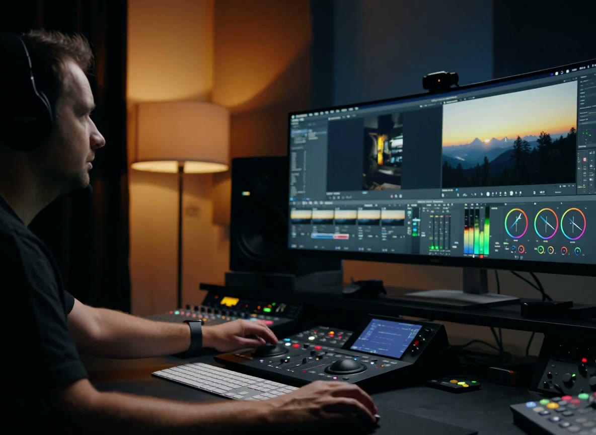 Video editor color grading footage on an ultrawide monitor